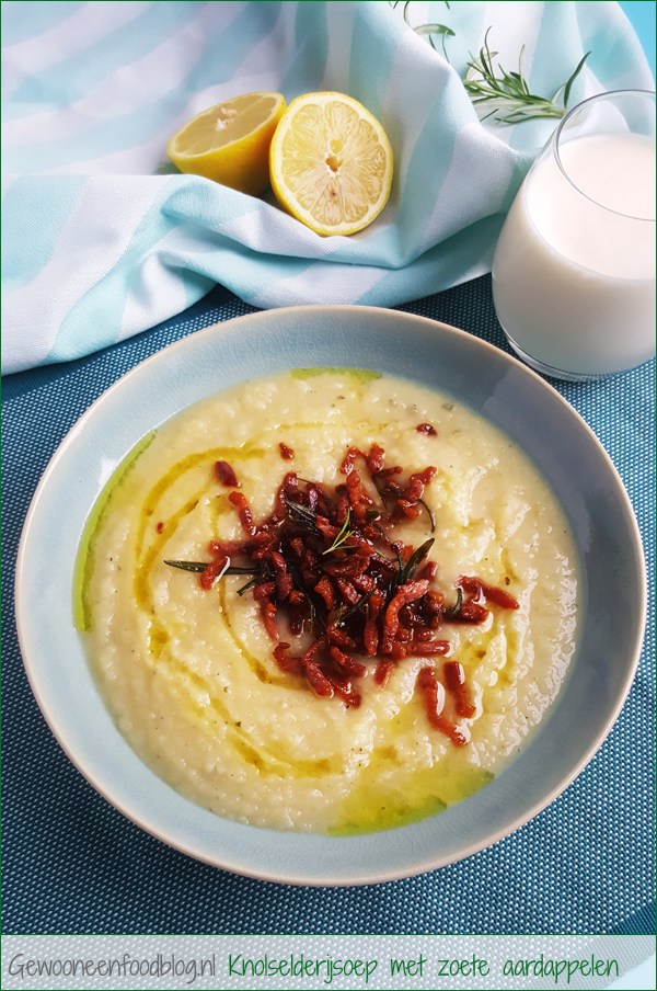 Knolselderijsoep met zoete aardappelen, rozemarijn en bacon | Gewooneenfoodblog.nl