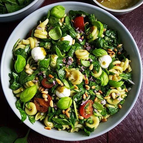 Pastasalade caprese met pesto, spinazie en pijnboompitten