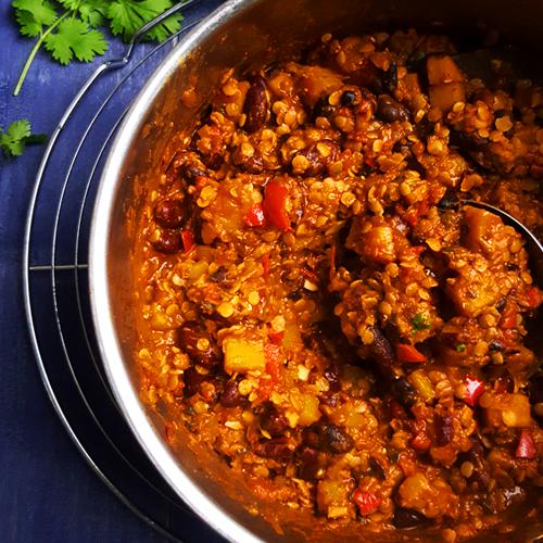 Flespompoen chili met bonen en linzen